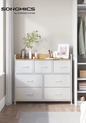 SONGMICS kommode, m. 7 skuffer med hndtag - natur spnplade og hvid fiberdug/stl