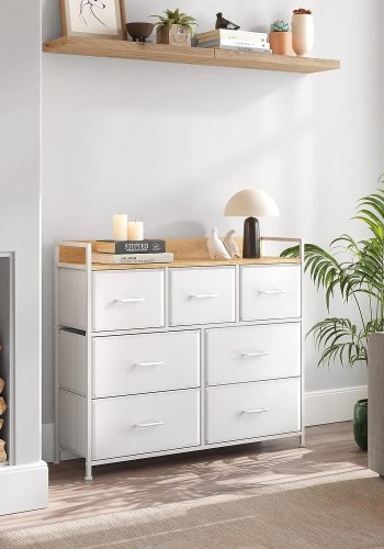 SONGMICS kommode, m. 7 skuffer med hndtag - natur spnplade og hvid fiberdug/stl