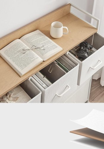 SONGMICS kommode, m. 7 skuffer med hndtag - natur spnplade og hvid fiberdug/stl