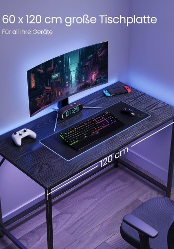 VASAGLE skrivebord, rektangulr - sort spnplade og sort stl (120x60)