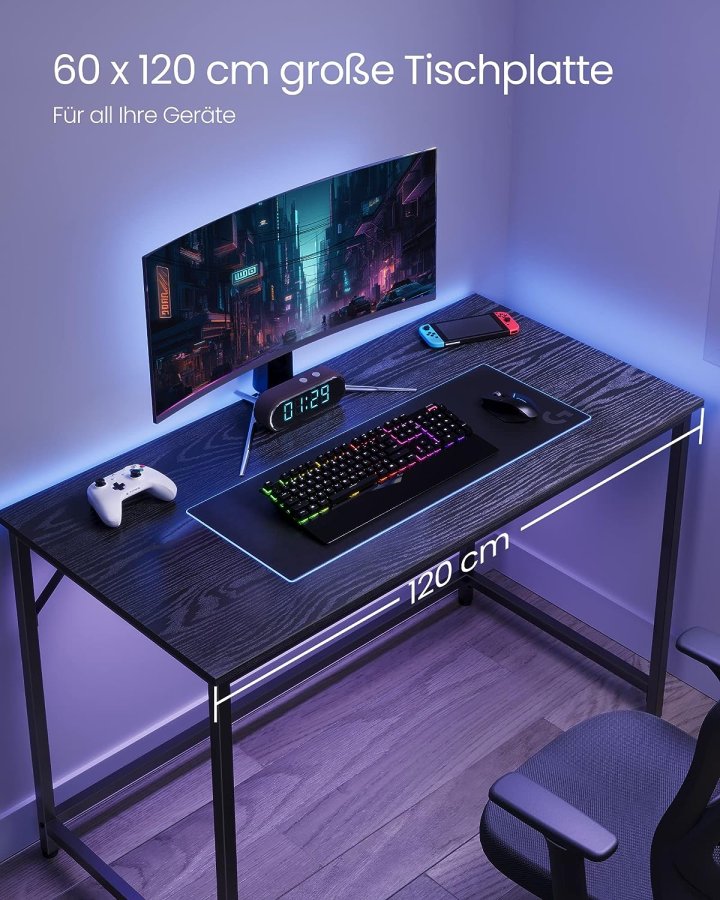 VASAGLE skrivebord, rektangulr - sort spnplade og sort stl (120x60)