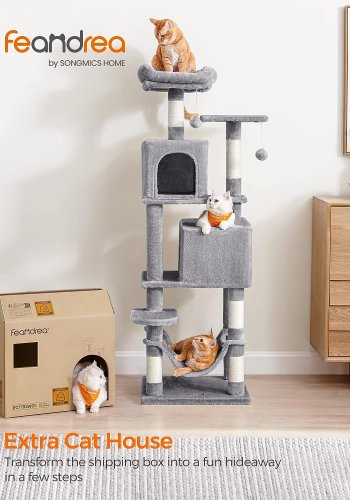 FEANDREA kradsetr, 6 niveauer, 2 platforme, 2 huler, 2 pomponer, 1 hngekje - lysegr plys