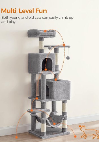 FEANDREA kradsetr, 6 niveauer, 2 platforme, 2 huler, 2 pomponer, 1 hngekje - lysegr plys