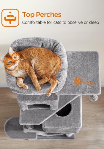 FEANDREA kradsetr, 6 niveauer, 2 platforme, 2 huler, 2 pomponer, 1 hngekje - lysegr plys