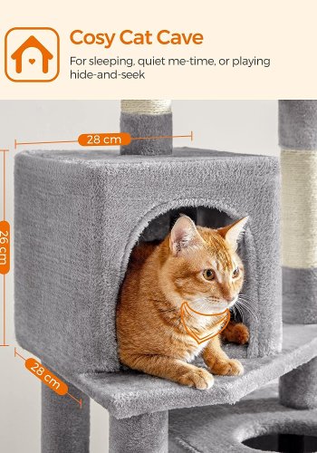 FEANDREA kradsetr, 6 niveauer, 2 platforme, 2 huler, 2 pomponer, 1 hngekje - lysegr plys