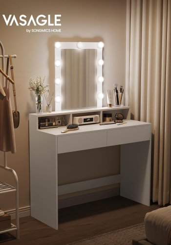 VASAGLE makeupbord, m. LED lys med justerbar lysstyrke, spejl, 2 skuffer, 3 rum - hvid spnplade