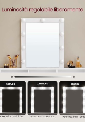 VASAGLE makeupbord, m. LED lys med justerbar lysstyrke, spejl, 2 skuffer, 3 rum - hvid spnplade