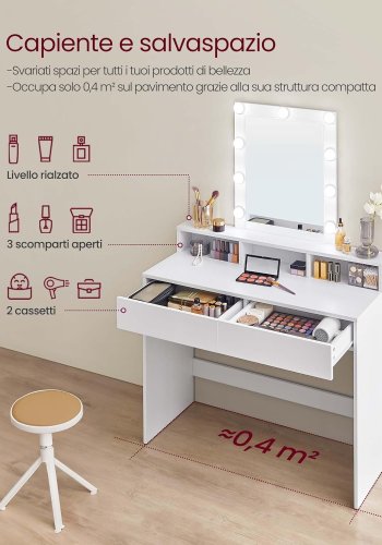 VASAGLE makeupbord, m. LED lys med justerbar lysstyrke, spejl, 2 skuffer, 3 rum - hvid spnplade