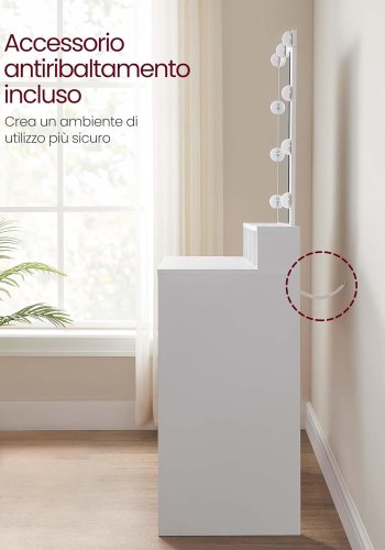 VASAGLE makeupbord, m. LED lys med justerbar lysstyrke, spejl, 2 skuffer, 3 rum - hvid spnplade