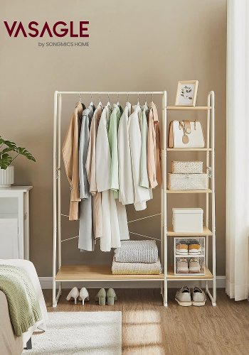 VASAGLE tjstativ, m. bjlestang, 6 aftagelige kroge, 6 hylder - natur spnplade og hvid stl