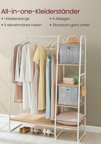 VASAGLE tjstativ, m. bjlestang, 6 aftagelige kroge, 6 hylder - natur spnplade og hvid stl