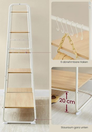 VASAGLE tjstativ, m. bjlestang, 6 aftagelige kroge, 6 hylder - natur spnplade og hvid stl