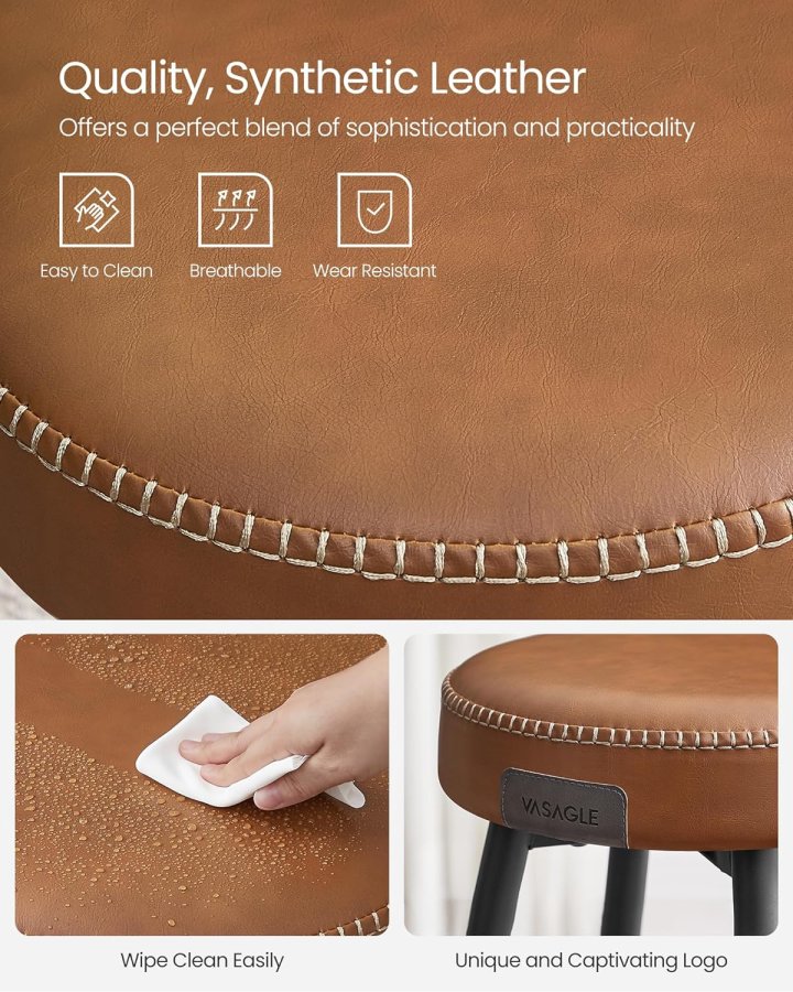 VASAGLE barstol, m. fodsttte - karamelbrun kunstlder og stl (st med 2)