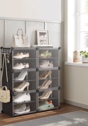 SONGMICS skoreol, m. 6 rum, 6 hylder - klar/sort plastik og stl