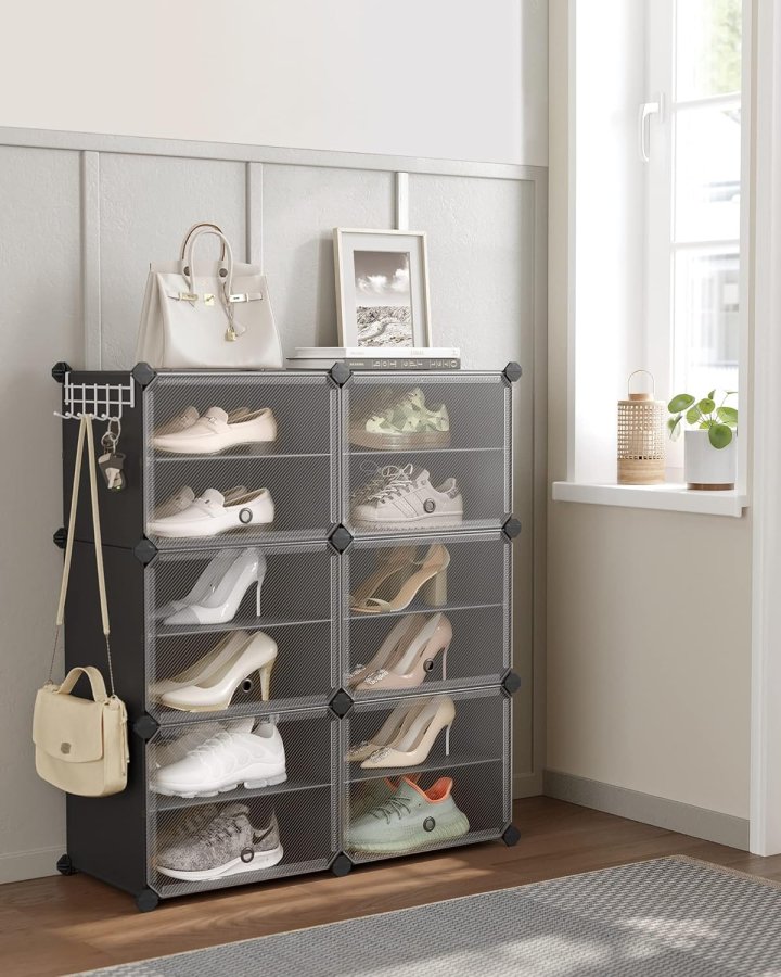 SONGMICS skoreol, m. 6 rum, 6 hylder - klar/sort plastik og stl