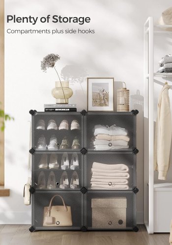 SONGMICS skoreol, m. 6 rum, 6 hylder - klar/sort plastik og stl