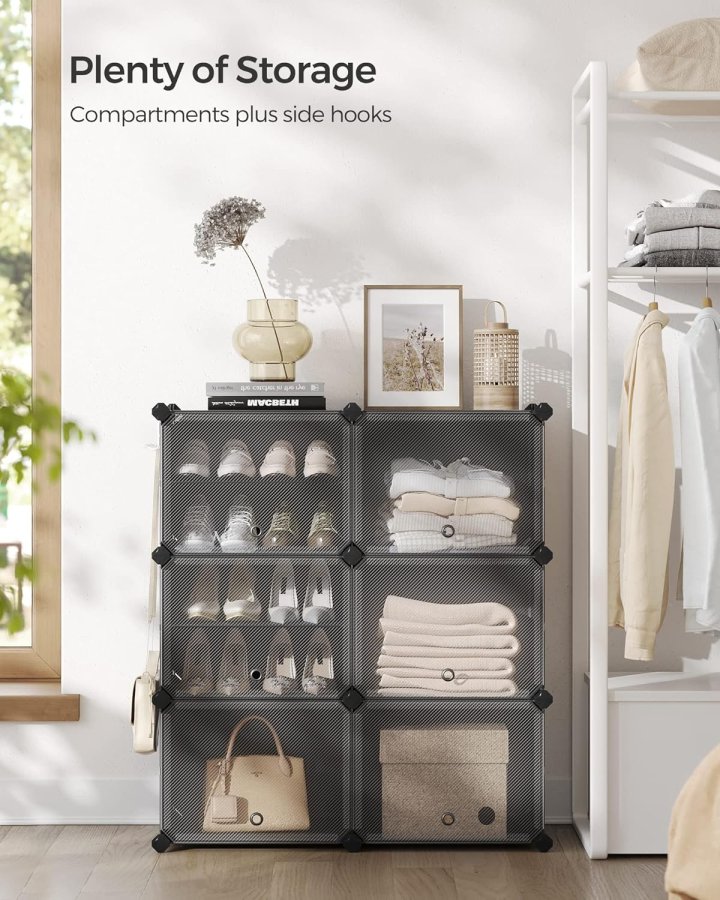 SONGMICS skoreol, m. 6 rum, 6 hylder - klar/sort plastik og stl