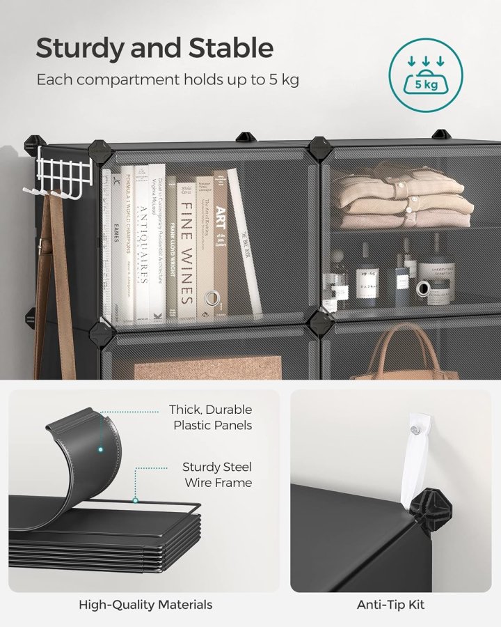 SONGMICS skoreol, m. 6 rum, 6 hylder - klar/sort plastik og stl