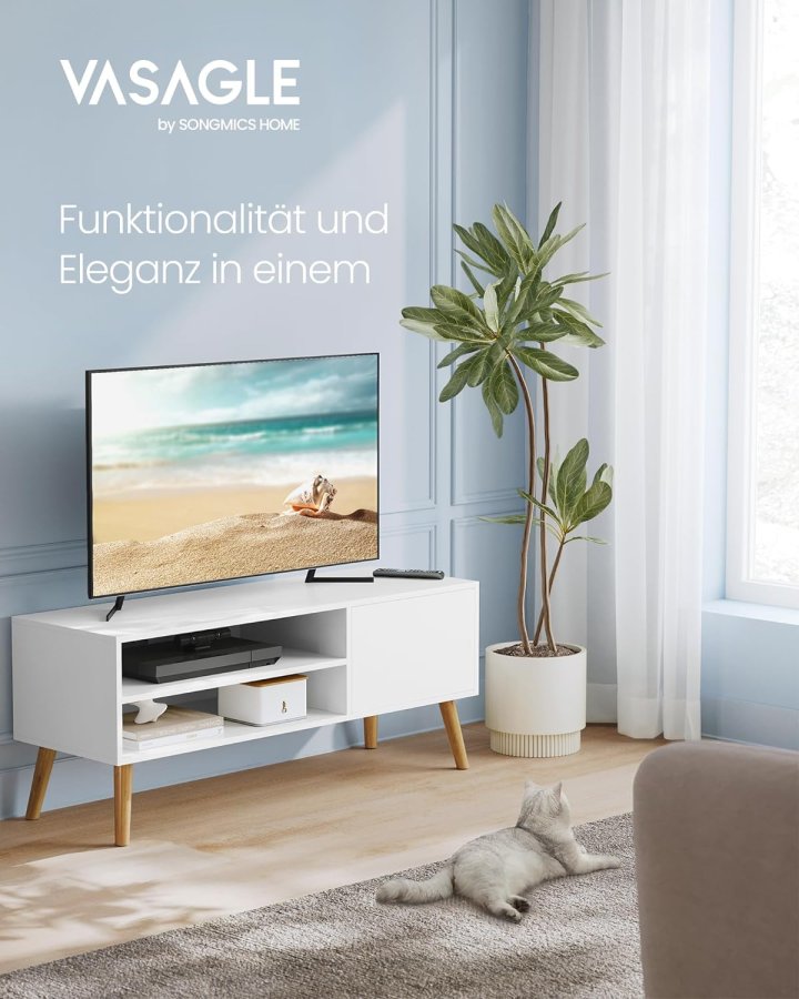 VASAGLE tv-bord, m. 1 lge og 1 hylde - hvid spnplade og natur gummitr (40x120)