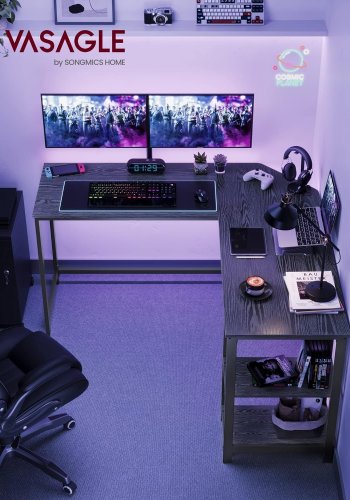 VASAGLE hjrneskrivebord, m. 2 hylder - sort med trkorn spnplade og stl