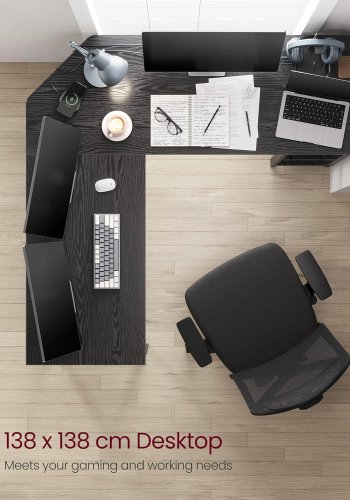 VASAGLE hjrneskrivebord, m. 2 hylder - sort med trkorn spnplade og stl