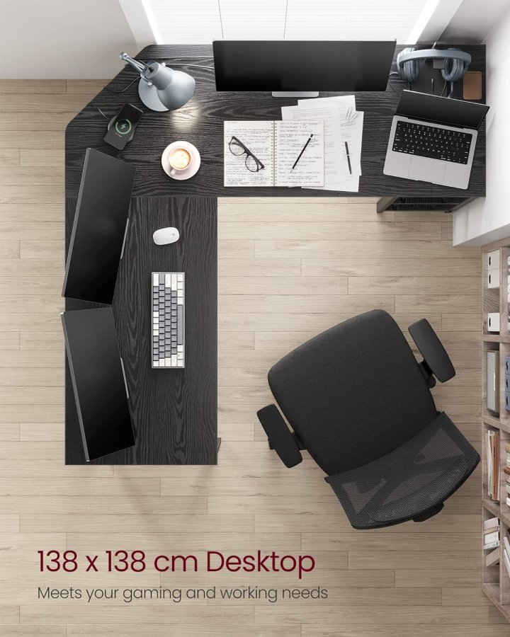 VASAGLE hjrneskrivebord, m. 2 hylder - sort med trkorn spnplade og stl