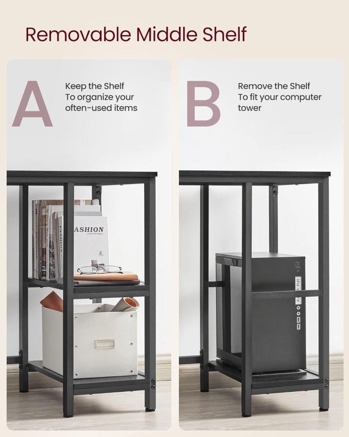 VASAGLE hjrneskrivebord, m. 2 hylder - sort med trkorn spnplade og stl