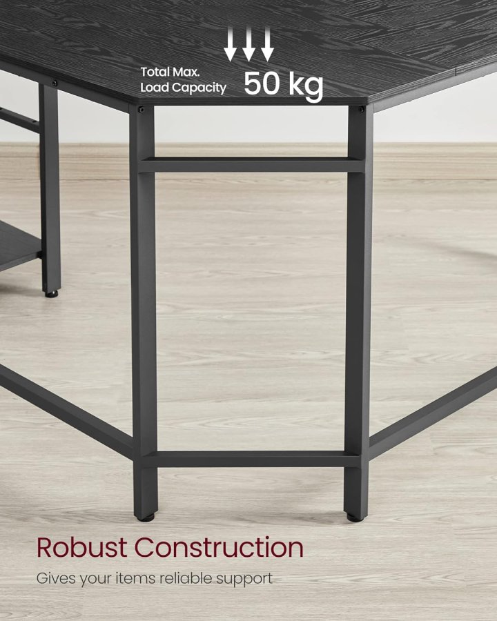 VASAGLE hjrneskrivebord, m. 2 hylder - sort med trkorn spnplade og stl