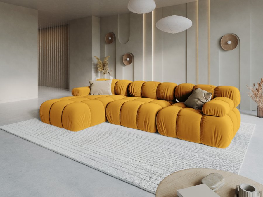 MICADONI Bellis Modular hjrnesofa, venstre, 4 sder - gul fljl og sort plastik