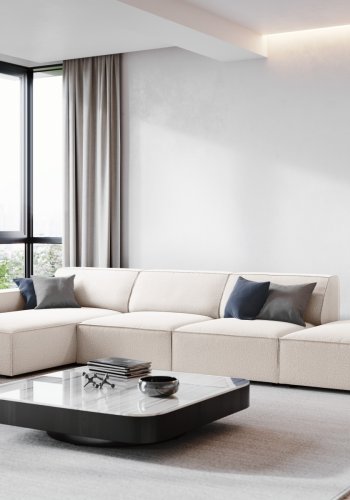 MICADONI Jodie hjrnesofa, venstre, 5 sder - beige stof og sort plastik