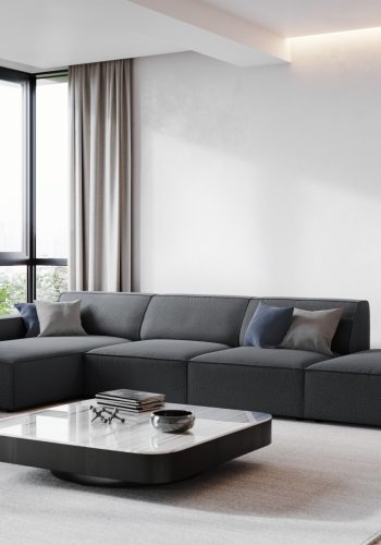 MICADONI Jodie hjrnesofa, venstre, 5 sder - antracitgr stof og sort plastik