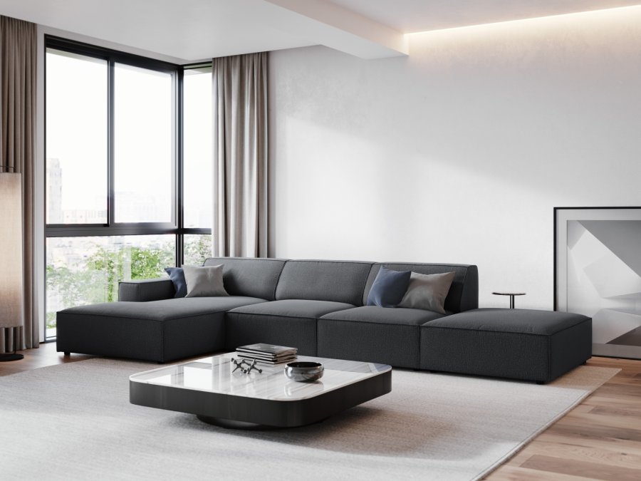 MICADONI Jodie hjrnesofa, venstre, 5 sder - antracitgr stof og sort plastik