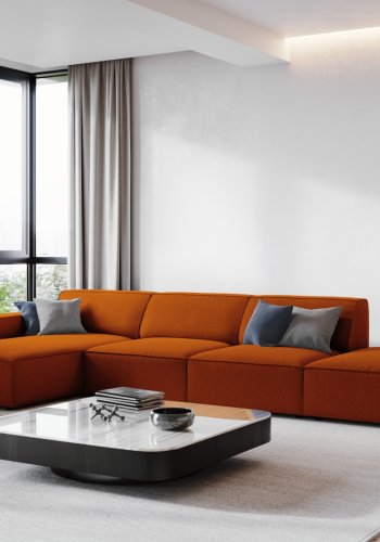 MICADONI Jodie hjrnesofa, venstre, 5 sder - orange stof og sort plastik