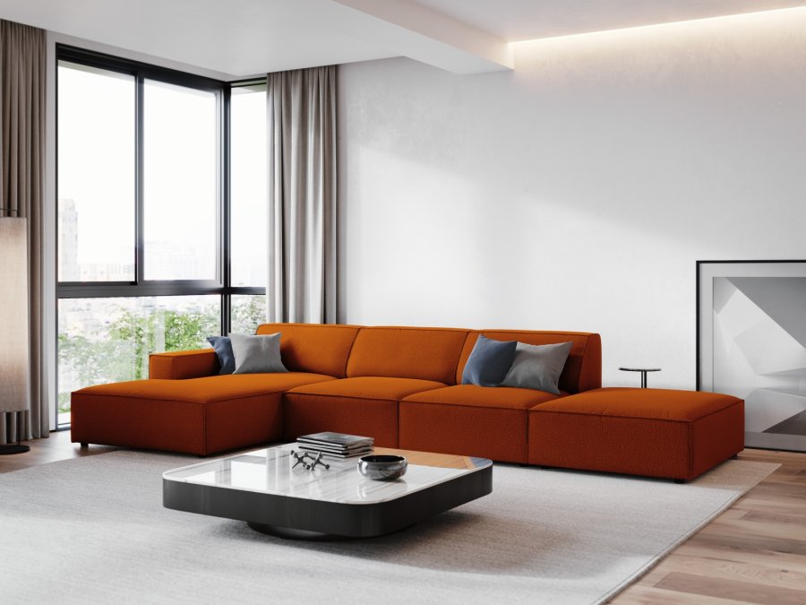 MICADONI Jodie hjrnesofa, venstre, 5 sder - orange stof og sort plastik