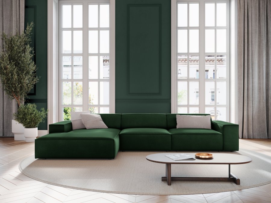 MICADONI Jodie hjrnesofa, venstre, 4 sder - grn fljl og sort plastik