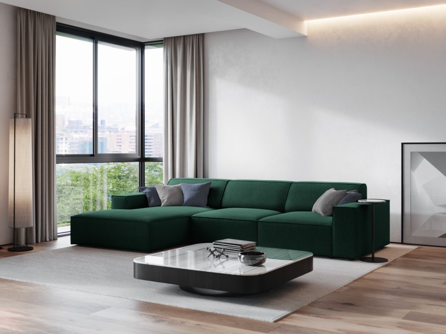 MICADONI Jodie hjrnesofa, venstre, 4 sder - grn stof og sort plastik