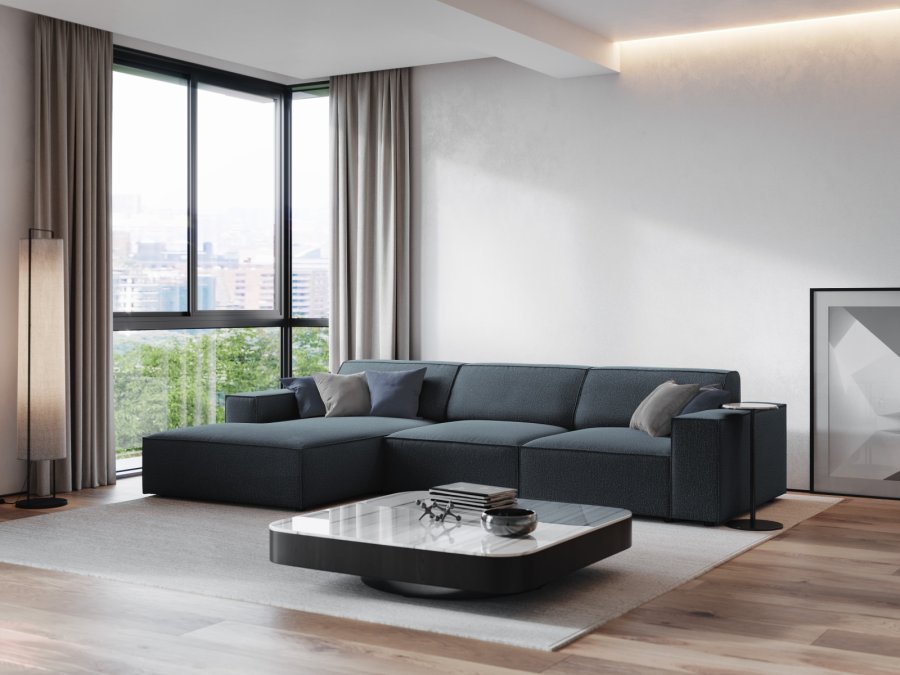 MICADONI Jodie hjrnesofa, venstre, 4 sder - bl stof og sort plastik