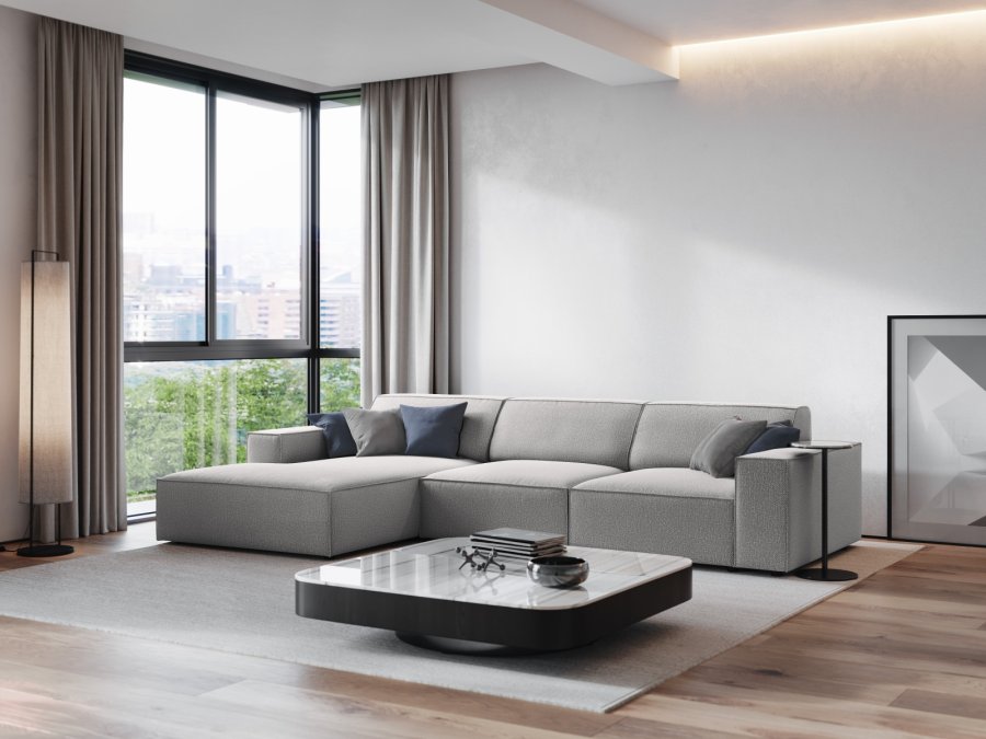 MICADONI Jodie hjrnesofa, venstre, 4 sder - gr stof og sort plastik