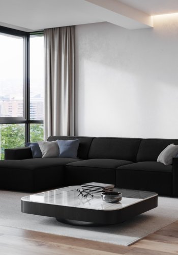MICADONI Jodie hjrnesofa, venstre, 4 sder - sort stof og sort plastik