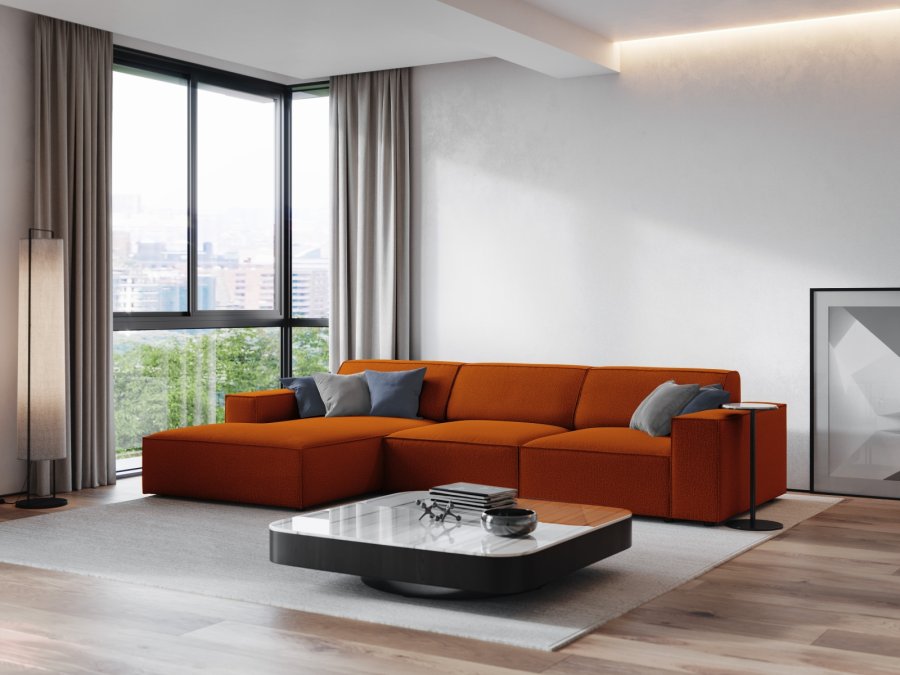 MICADONI Jodie hjrnesofa, venstre, 4 sder - orange stof og sort plastik