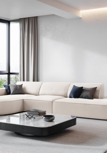 MICADONI Jodie hjrnesofa, venstre, 4 sder - beige stof og sort plastik