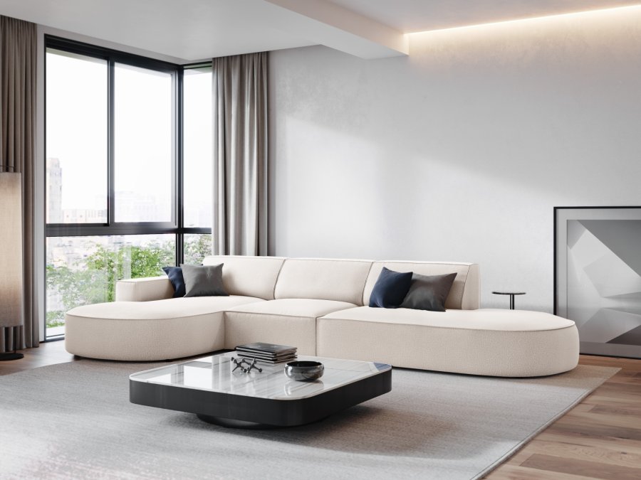 MICADONI Jodie hjrnesofa, venstre, 4 sder - beige stof og sort plastik