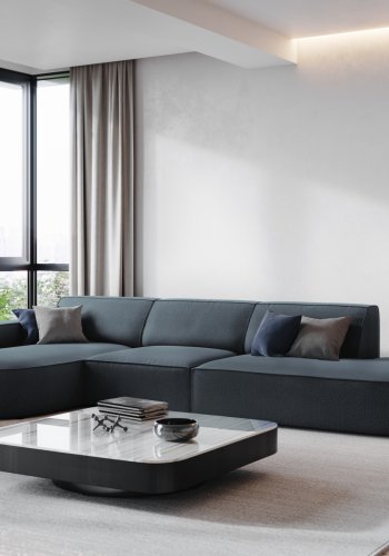 MICADONI Jodie hjrnesofa, venstre, 4 sder - bl stof og sort plastik66x70