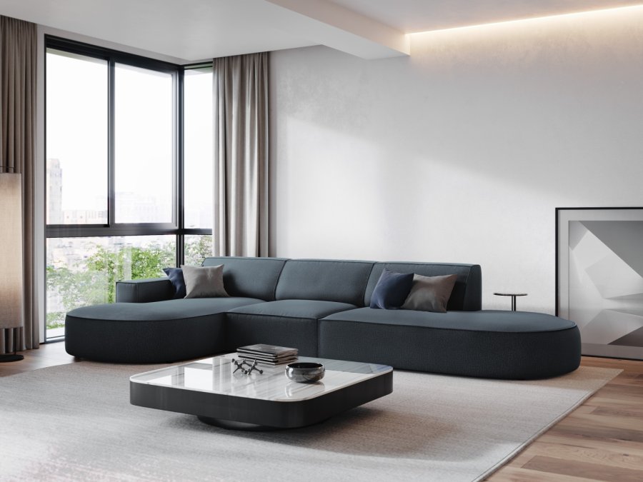 MICADONI Jodie hjrnesofa, venstre, 4 sder - bl stof og sort plastik66x70