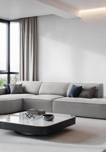 MICADONI Jodie hjrnesofa, venstre, 4 sder - gr stof og sort plastik