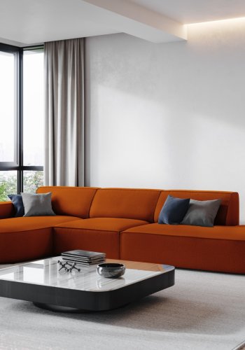 MICADONI Jodie hjrnesofa, venstre, 4 sder - orange stof og sort plastik