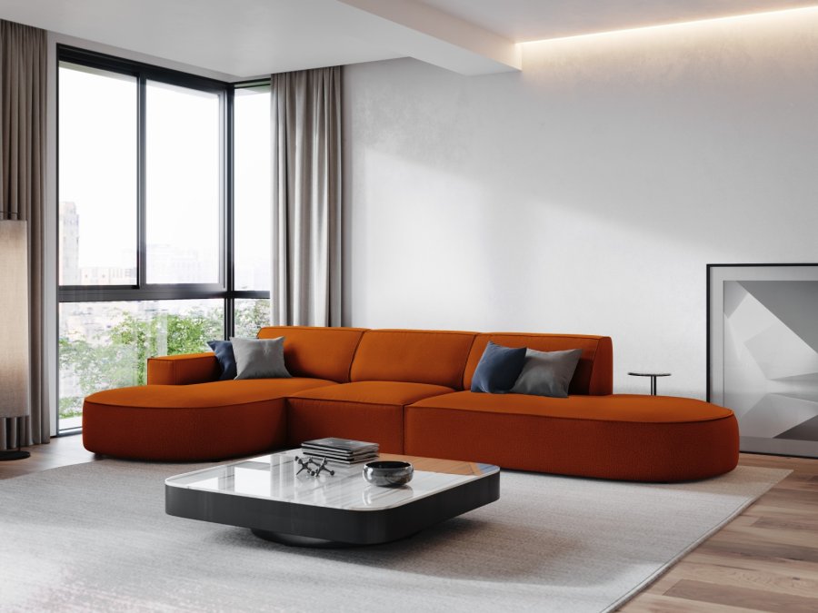 MICADONI Jodie hjrnesofa, venstre, 4 sder - orange stof og sort plastik