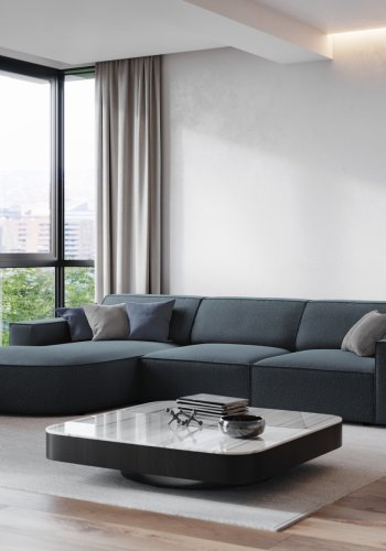 MICADONI Jodie hjrnesofa, venstre, 4 sder - bl stof og sort plastik