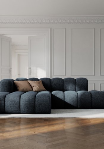 MICADONI Lupin Modular ben hjrnesofa, venstre, 5 sder - bl chenille og sort plast