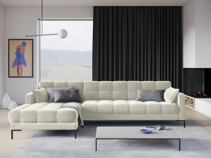 MICADONI Mamaia hjrnesofa, venstre, 5 sder - beige fljl og sort metal